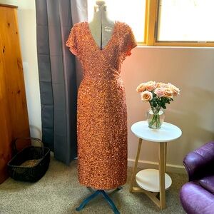 Summer glamour in Mac Duggal faux wrap midi dress.